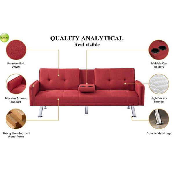 Modern Linen Fabric Foldable Sofa Bed With Cup Holder 2 Seater Living Room Sofa Convertible Sleeping Sofa Bed