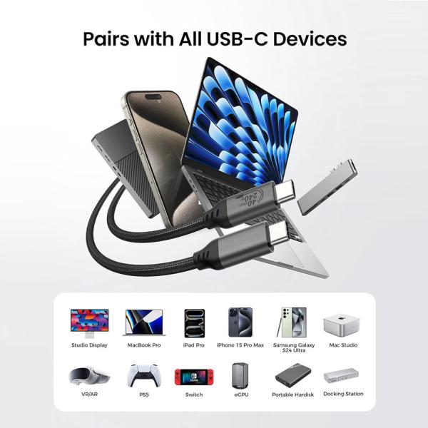 1m câble USB4 de type C 40Gbps Vitesse 8K 60Hz Sortie vidéo 240W PD Chargement Thunderbolt 4/3 Compatible