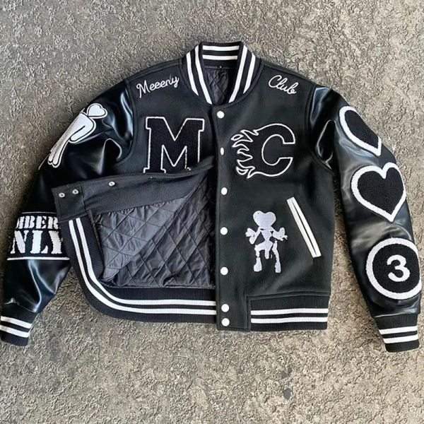 Custom Logo Patchwork Streetwear High Quality Chenille Embroidery Winter Leather Bomber Letterman Men Varsity Jacket for Men