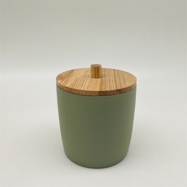 Green color Polyresin Bath Accessory Set round shape with wooden parts