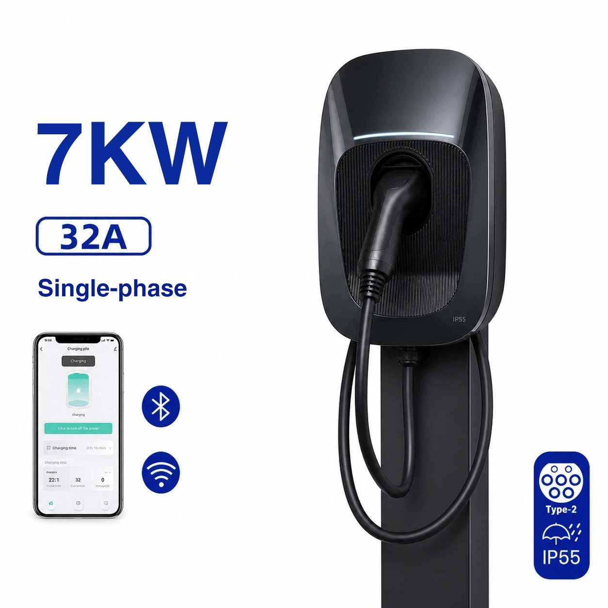 Compact Wall-mounted EV Charger With Adjustable Charging Current Settings Suitable for Various Electrical Infrastructure