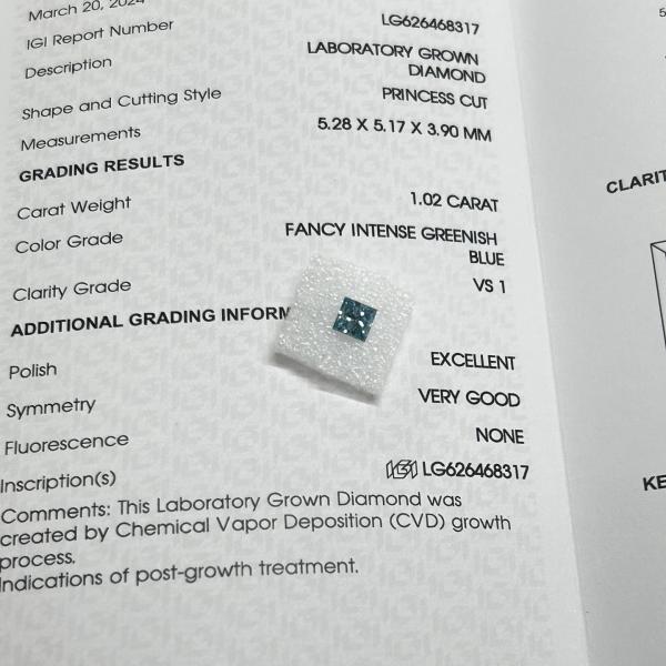 1.02CT Fancy Intense Greenish Blue VS1 EX VG CVD Lab Grown Diamond Princess Cut IGI Certificated