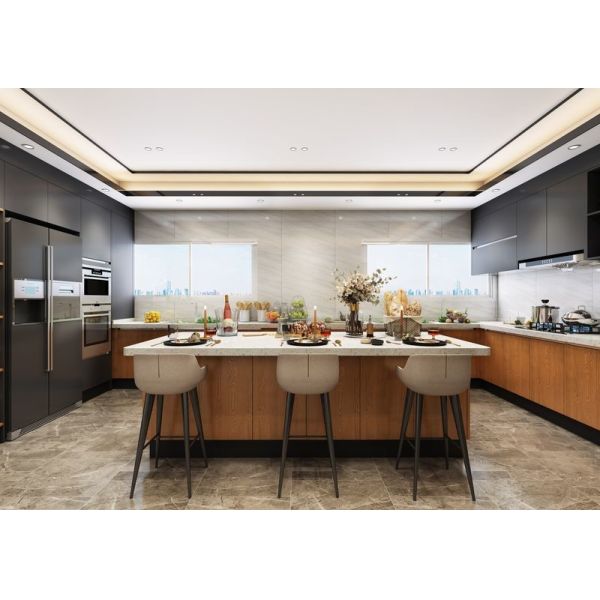 Роскошные элегантные современные кухонные шкафы из нержавеющей стали Китайские темные деревянные зерна