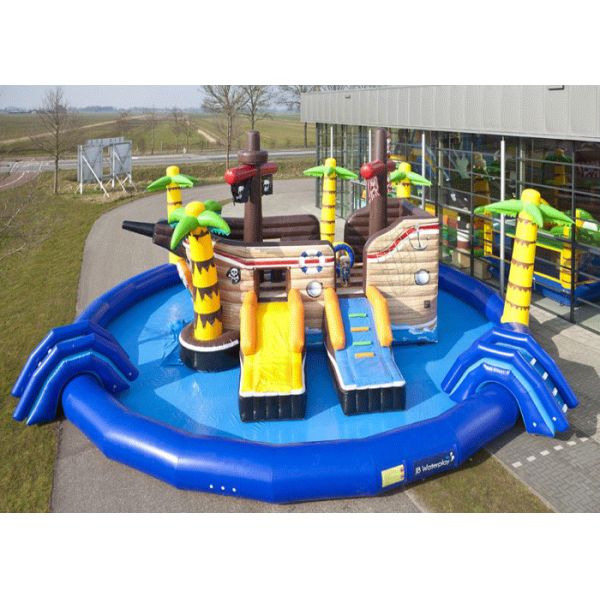 Blue Pool Kids Inflatable Floating Platform Slide , Pirate Theme Inflatable Water Park Equipment
