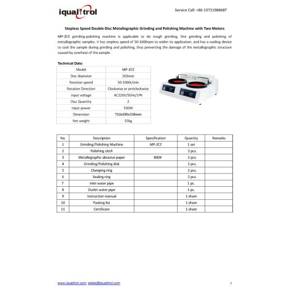 Stepless Speed Double Disc Metallographic Grinding and Polishing Machine with Two Motors