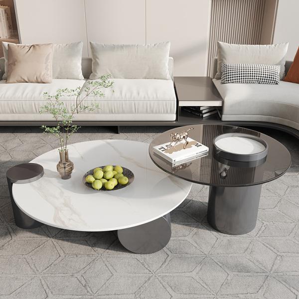 Glass Marble Stainless Steel Round Rock Coffee Table For Home Leisure