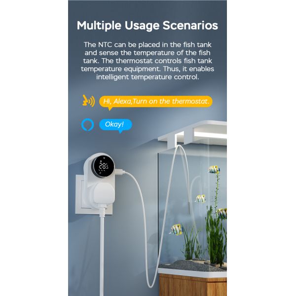 SIXWGH Smart Wi-Fi for Plug-in Thermostat 16A LED Screen APP/Voice Remote Control Heating Cooling NTC Sensor Home Aquarium