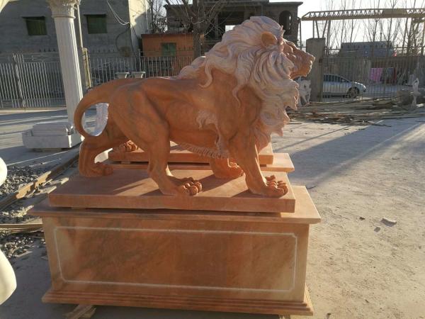 Garden decoration Stone walking lions pink marble animal sculpture,stone carving supplier