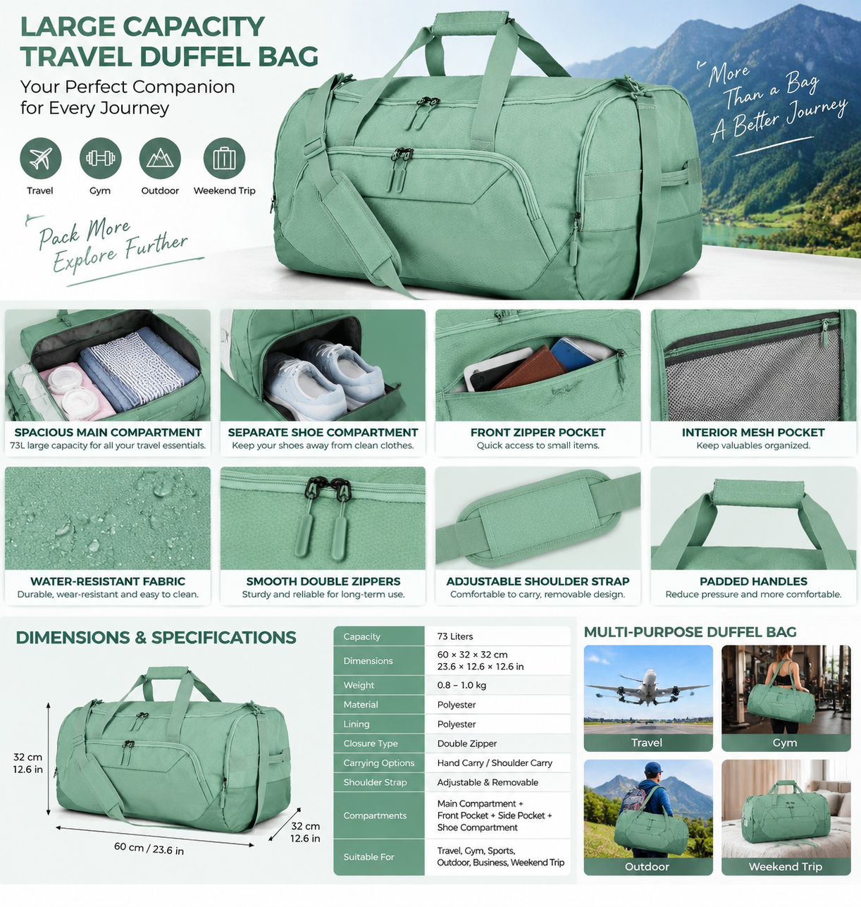 OEM ODM 73L Large Capacity Travel Duffel Bag | 60cm Sports & Gym Bag with Durable Fabric, Lightweight Design for Travel, Fitness and Outdoor Use