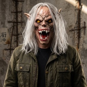 Realistic Monster Mask with Grey Long Hair - Scary Demon Latex Head Mask for Halloween Cosplay, Horror Party & Haunted House