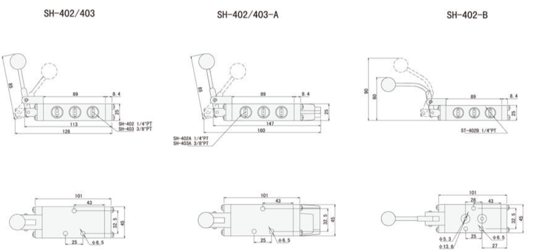 SH-402, SH-402A, SH-403, SH-403A Sunrise Nielsen SH Series 5/2 way Hand Lever Vlave 1/4