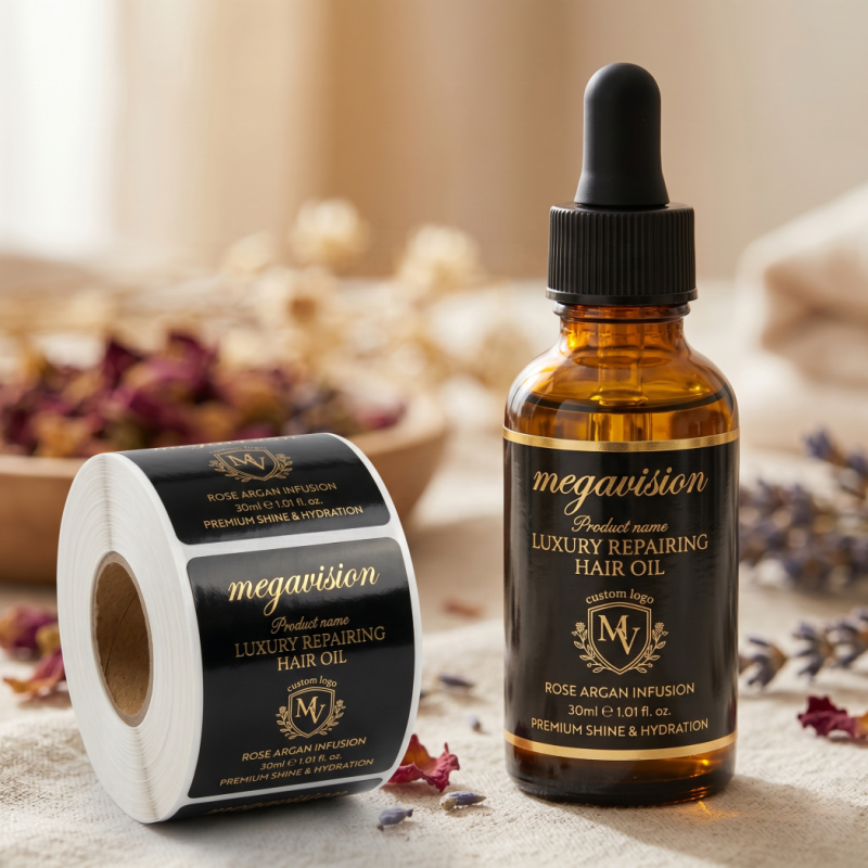 Custom Logo Black Gold Durable Waterproof Vinyl Adhesive Hair Oil Sticker Label for Cosmetic Products Shampoo Label