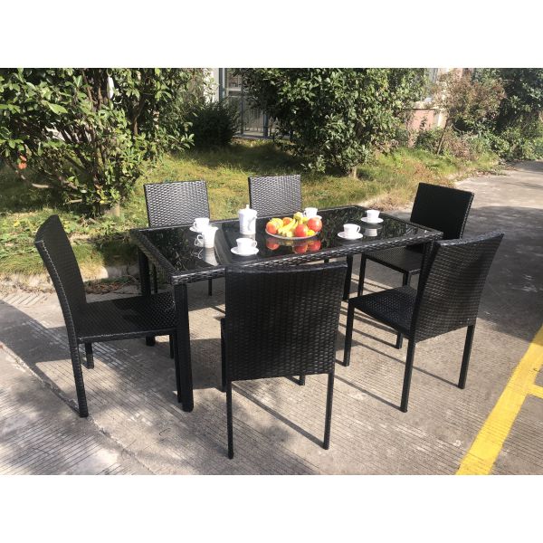 Stackable Chair Outdoor Rattan Dining Set KD Tabke With Black Glass