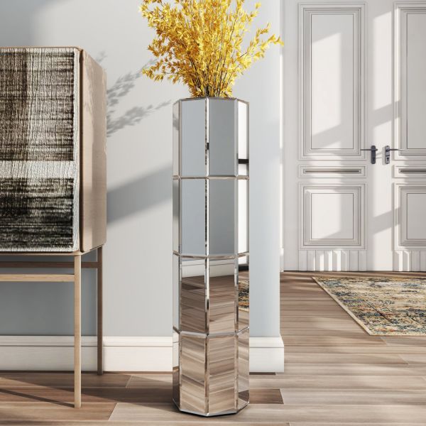 Tall Mirrored Furniture Cylinder Crystal Crushed Diamond Floor Vase