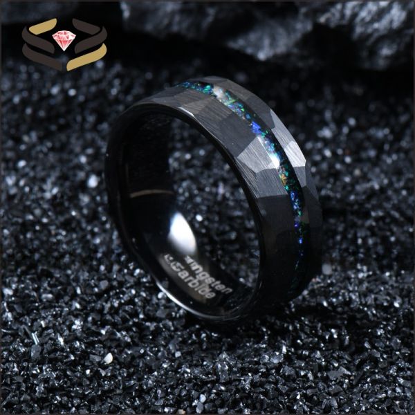 Anneaux de mariage en tungstène noir facetté pour hommes 8 mm avec incrustation de type perle et incrustation d'opale Galaxy