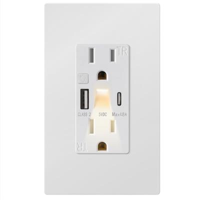 Home 15A Night Light USB Outlet 60Hz Wall USB Sockets With Type C Night Light Illumination