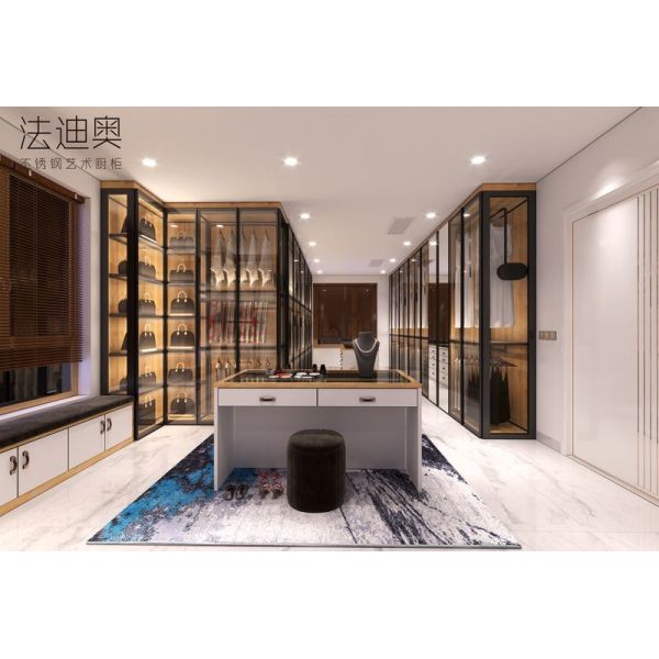 Stainless Steel Open Walk-In Closet with Glass Doors and Jewelry Box