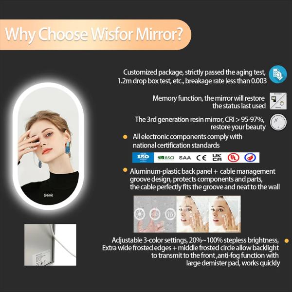 Dimmable 3 Colors Anti-Fog Light Memory IP65 CRI95 Large Wall Mounted Oval Mirror with lamp(WH-MR-102)
