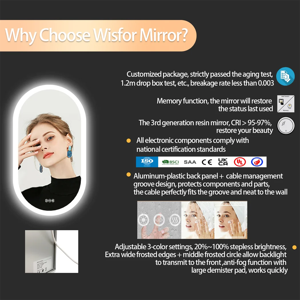 Dimmable 3 Colors Anti-Fog Light Memory IP65 CRI95 Large Wall Mounted Oval Mirror with lamp(WH-MR-102)