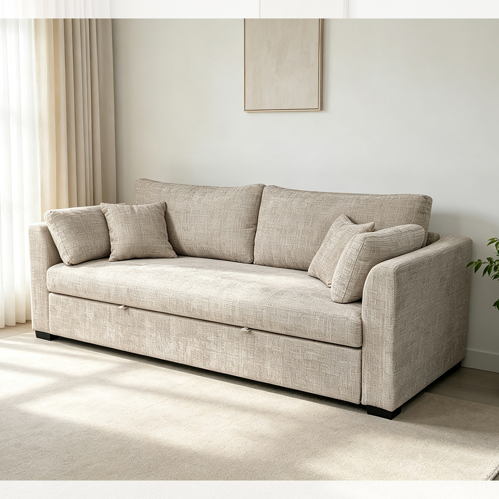 Sofa with Pull-Out Bed and Pillows, Taupe Fabric