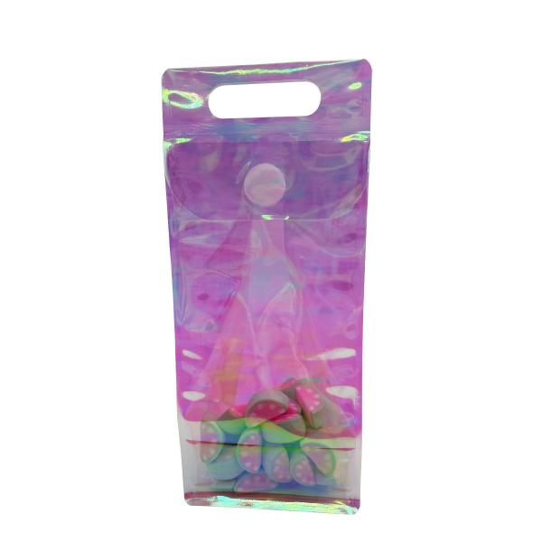 Custom Holographic Pouch Pink Rainbow Clear Flat Bottom Stand Up Bags with Resealable Sticky Button for Candy Accessory