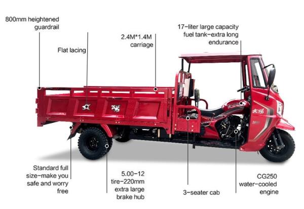 300cc DAYANG Five Wheel Auto Self Dumping Cargo Tricycle com telhado e design de 3 rodas