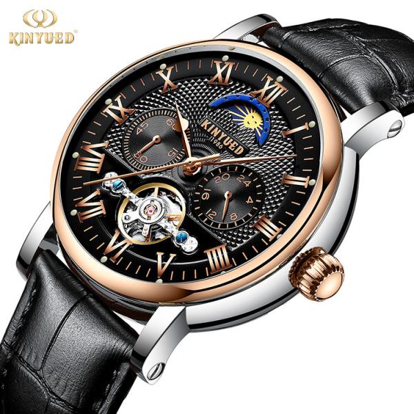 KINYUED Tourbillon automatic mechanical movement genuine leather waterproof  wrist watch