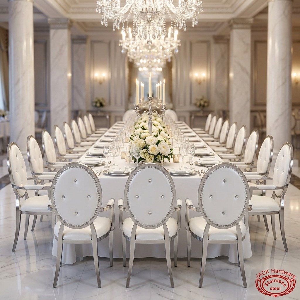 WENDING Silver Stud-Rim Oval Armchair – White PU Leather Hotel Banquet Dining Chair