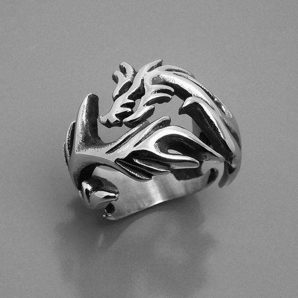 Men's Vintage Old Silver Plated Titanium Stainless Steel Dragon Ring (SA126)