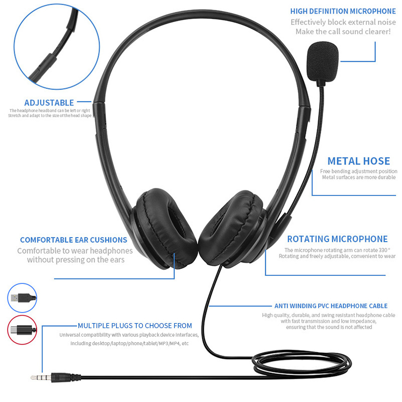 JTY-430 professional call center earphones with microphone, multiple plugs USB/Type-C/3.5mm wired earphones, comfortable to wear earphones, suitable for online learning and business conference calls
