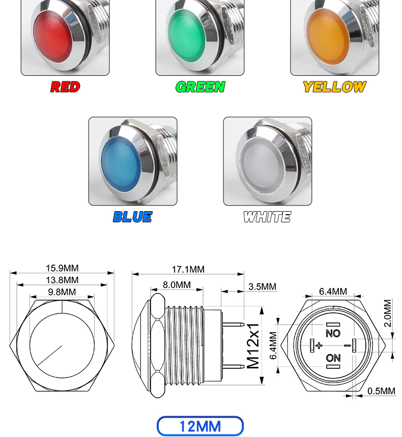 12mm Nickel-plated Copper Ball Head Soft Light Indicator Light Welding Foot 6V/24V/220V Red/Green/Yellow/Blue/White