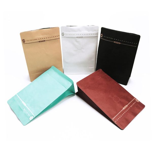 Printed Kraft Paper Packaging Bags Flat Bottom Coffee Pouches With Degassing Valve