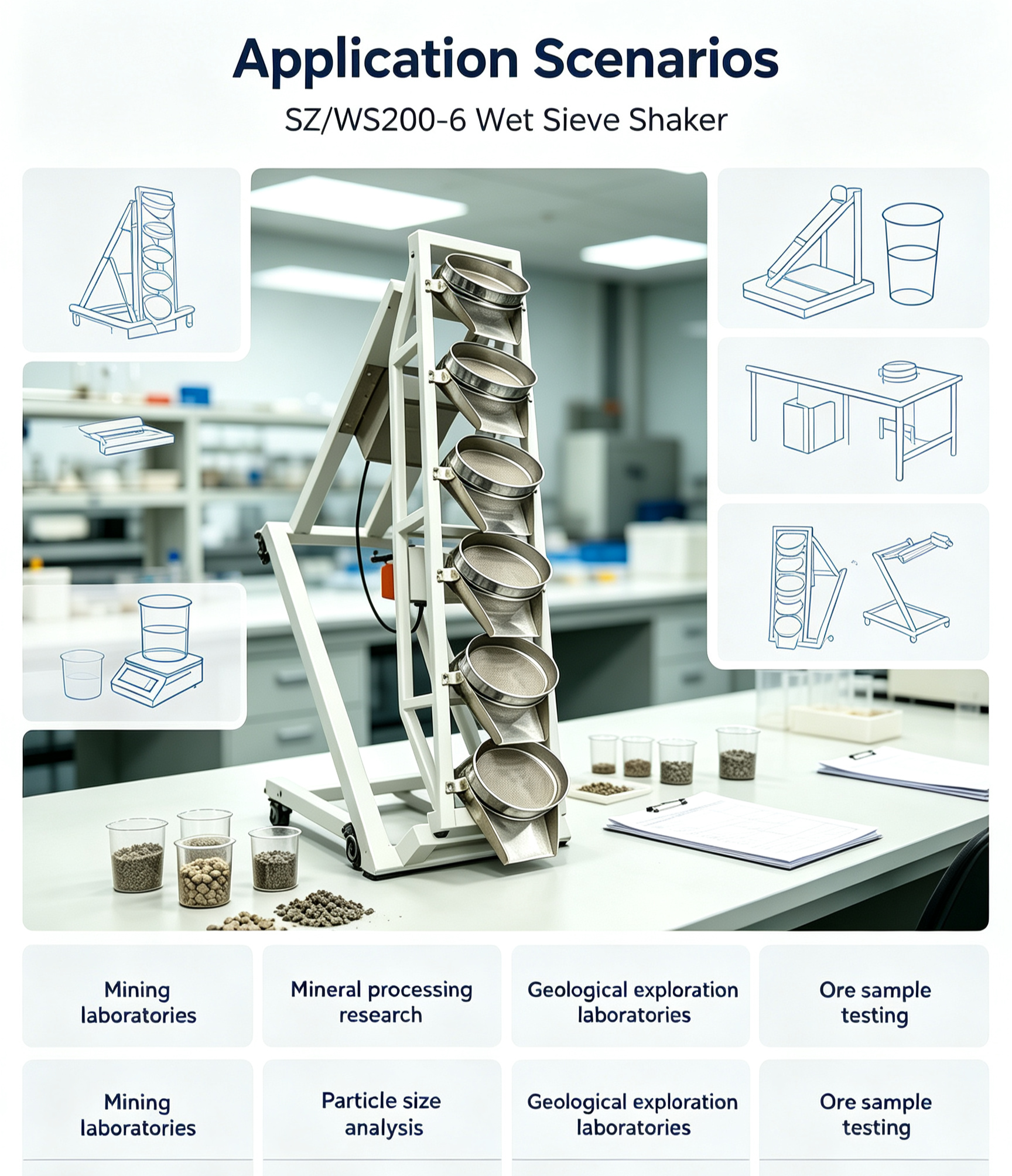 SZ/WS200-6 Wet Sieve Shaker with 6 Sieve Layers for High-Frequency Vibration and Wet Screening in Mineral Testing