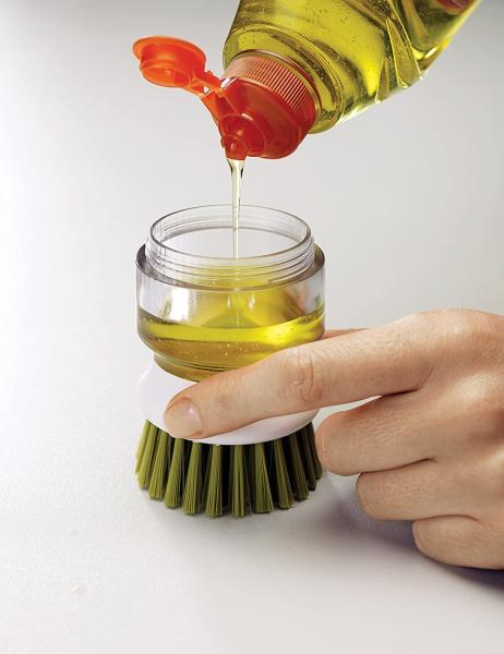 Dishwasher Kitchen Scrub Brush With Integrated Detergent Soap Dispenser