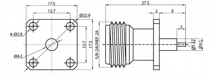 N-KFD6 N Type Female RF Connector with 4-Hole Flange for PCB Mounting DC-6GHz Nickel Plated Brass