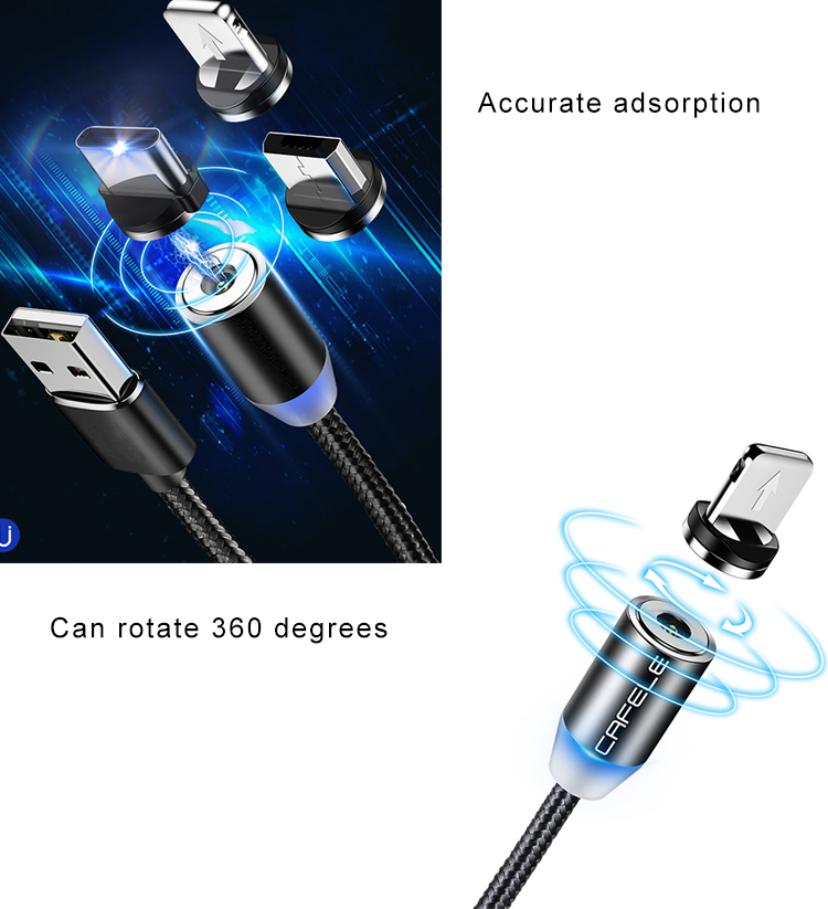 Магнитный USB-кабель 3 в 1 с нейлоновой петлей микро типа C 8 пин