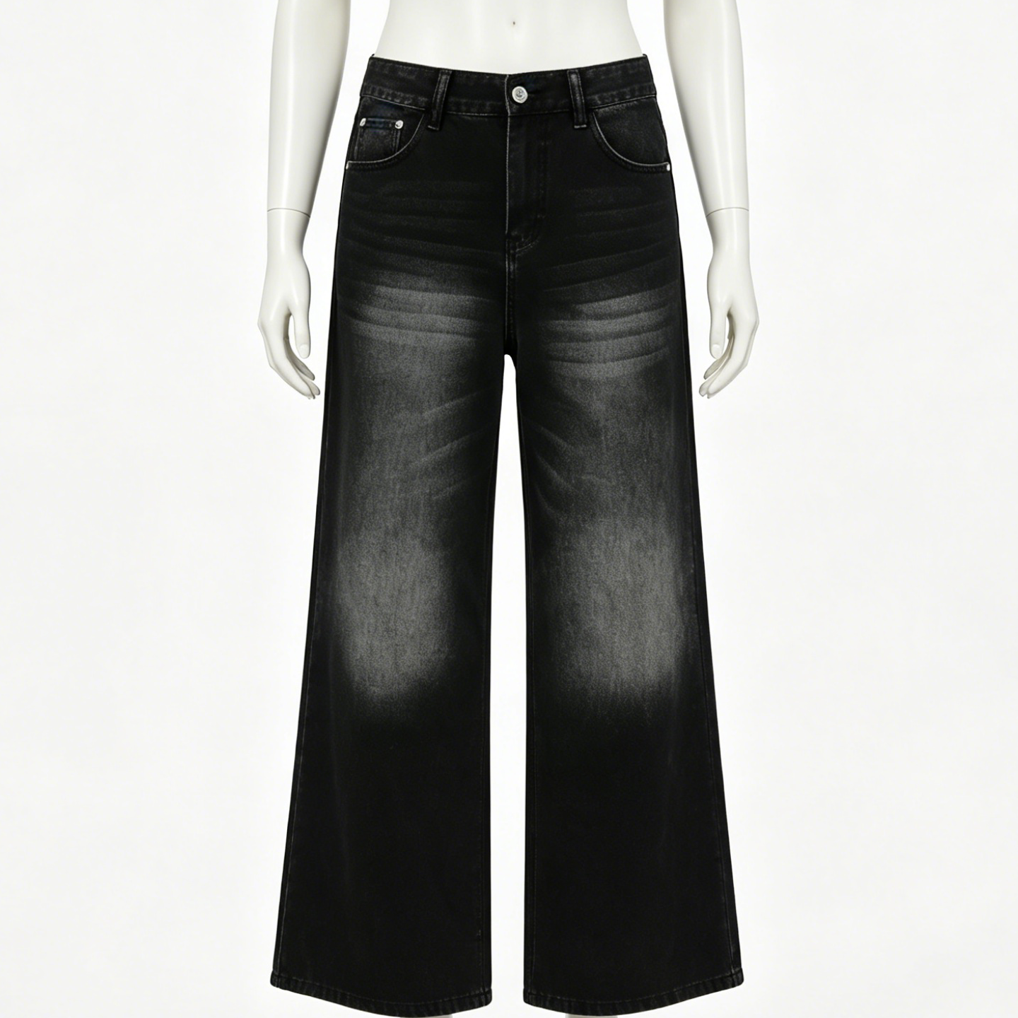 Washed Straight Denim Pants Elastic Back Washed Denim Pants Black Blue