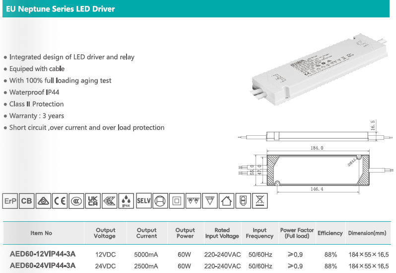 DC12/24V IP44 LED Driver Over Load Protection for Bathroom Mirror Light