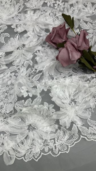White Floral Lace Fabric For Gowns Mesh Ground  Intricate Embroidery With Subtle Character