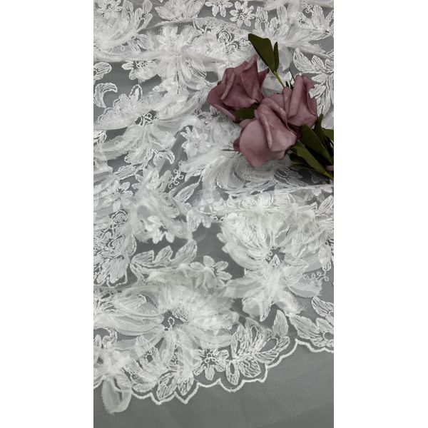 White Floral Lace Fabric For Gowns Mesh Ground Intricate Embroidery With Subtle Character