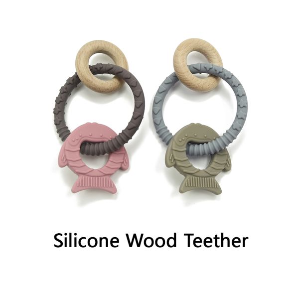 Classic Cute Fish Chewable Silicone Wood Teether Nursing Comforter Toy