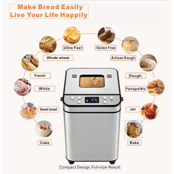 Home Bread Maker 700W DC Motor 25 Preset Menus 3 Crust Options Delay Start Timer