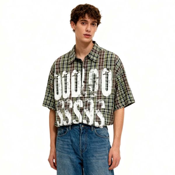 Wholesale Heavyweight Flannel Oversized  Men'S Plaid Shirt Custom Screen Printed Boxy Retro Cotton T-Shirts for Men