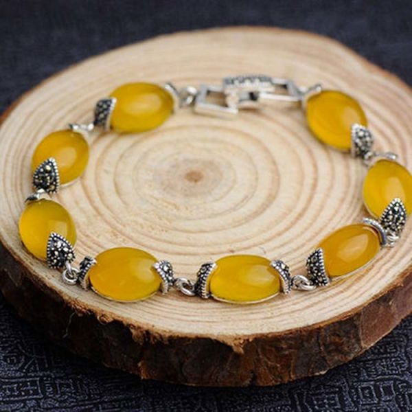 Thai 925 Vintage Sterling Silver Yellow Cubic Zircoina Tennis Bracelet (055728)