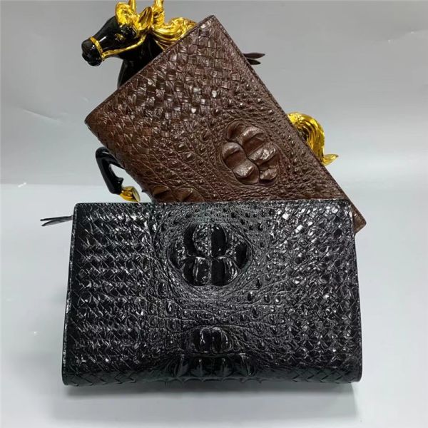 Knitted Designer Genuine Alligator Skin Men Woven Clutch Purse Authentic Crocodile Leather Male  Large Wristlets Bag