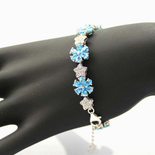 Sterling Silver Link Flower  Blue Topaz Cubic Zircon Tennis Bracelet(B01BLUE)