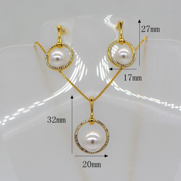 Trendy Simple design pearl Necklace pendant Earrings Rhinestone Jewelry Set 18K Gold Plate