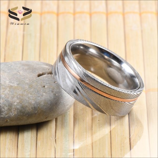Engagement Men's Damascus Steel Rings 8mm with Tungsten Core Inner And Copper Inlay