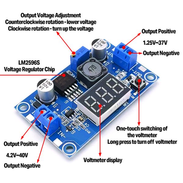 Adjustable LM2596S Step-Down Buck Converter Power Supply Module with Display and One