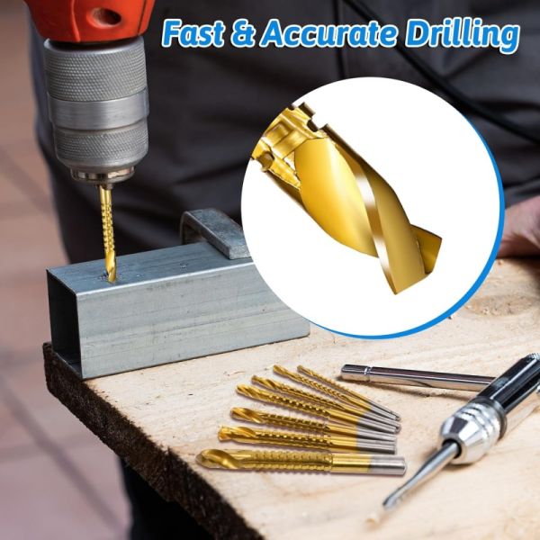 8 Pack Titanium Coated HSS Twist Drill Bits 3-10mm Serrated Side Cutting Spiral Saw Drill Bit Woodworking Tools Grooving Cutting Hole Holesaw Tool